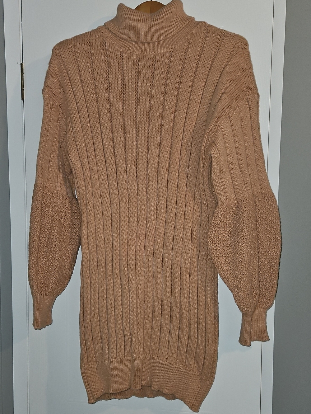 Chunky Ribbed Turtleneck Sweater Dress - Camel